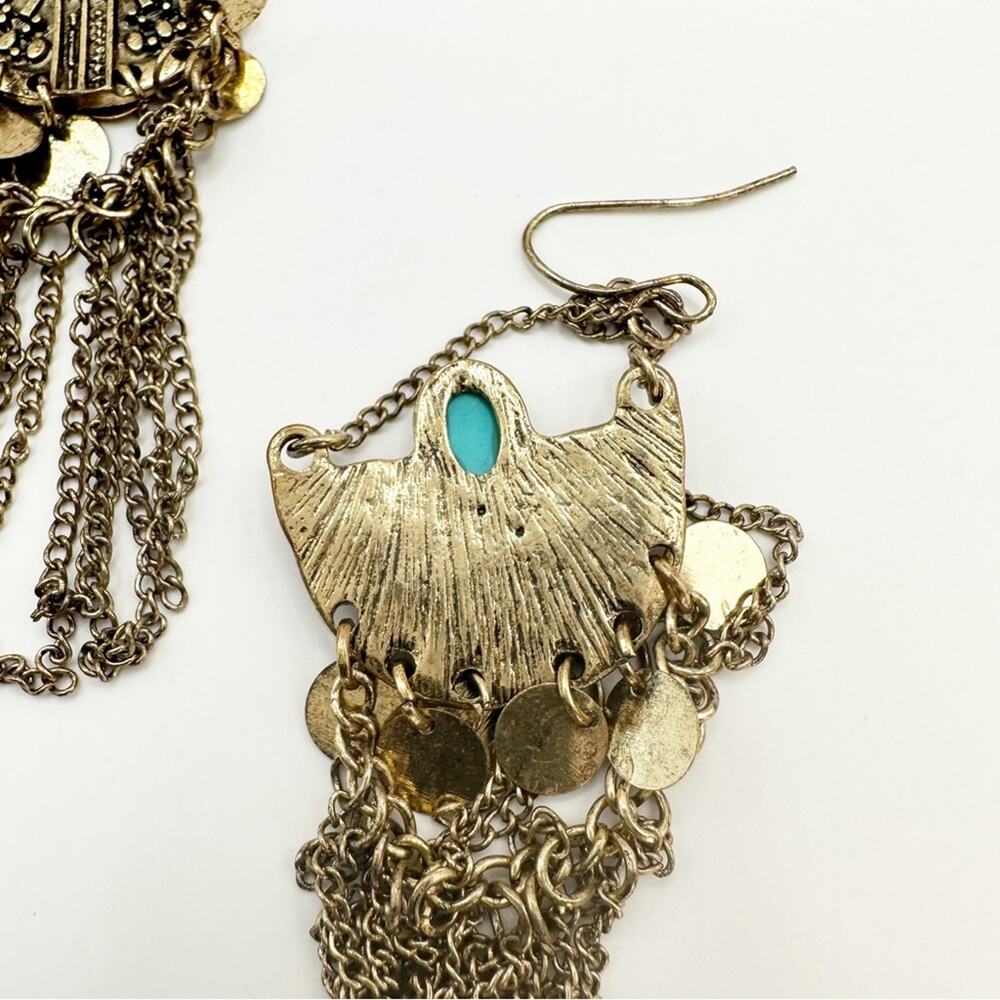 Western Blue Gold tone Turquoise Dangle Chandelier Statement Earrings Boho - Picture 4 of 9